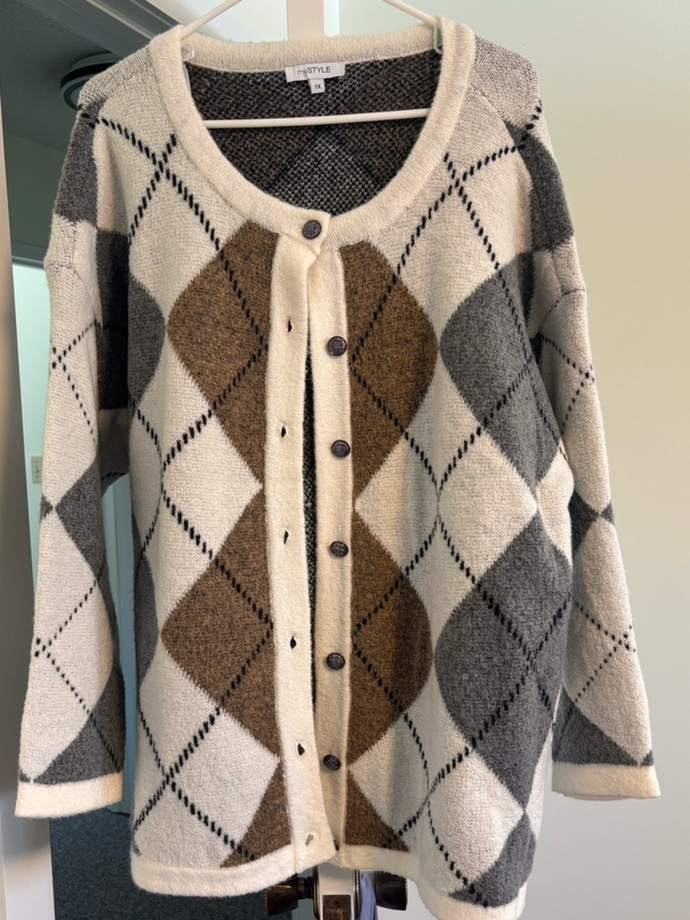 Soft Argyle Button-Front Cardigan in Cream, Gray & Brown - Picture 1 of 1